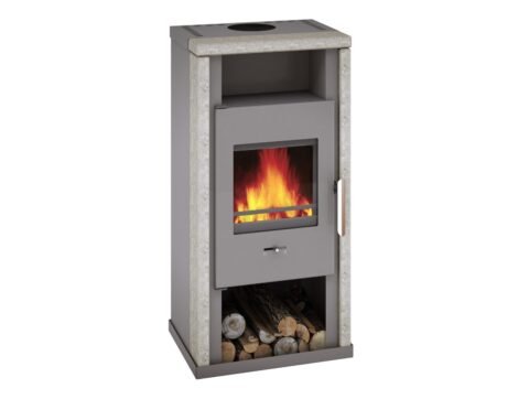 Wamsler Yuna Dauerbrandofen 6 kW – Naturstein Serpentino, Korpus Stahl Grau